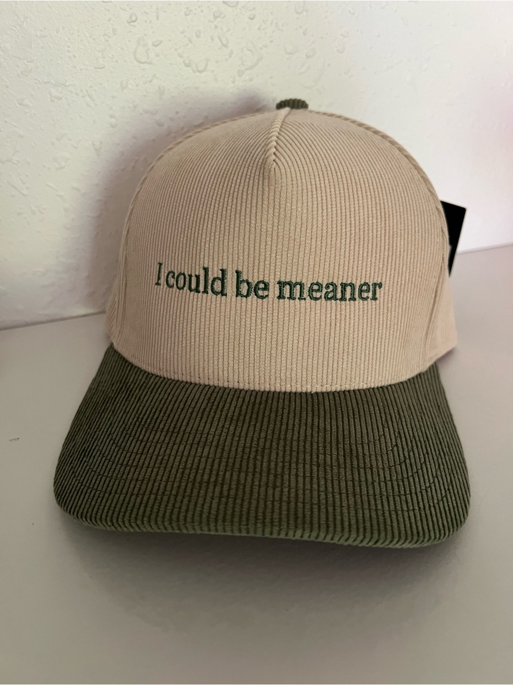 I could be meaner Embroidered Two-Tone Corduroy Cap - Beige & Olive